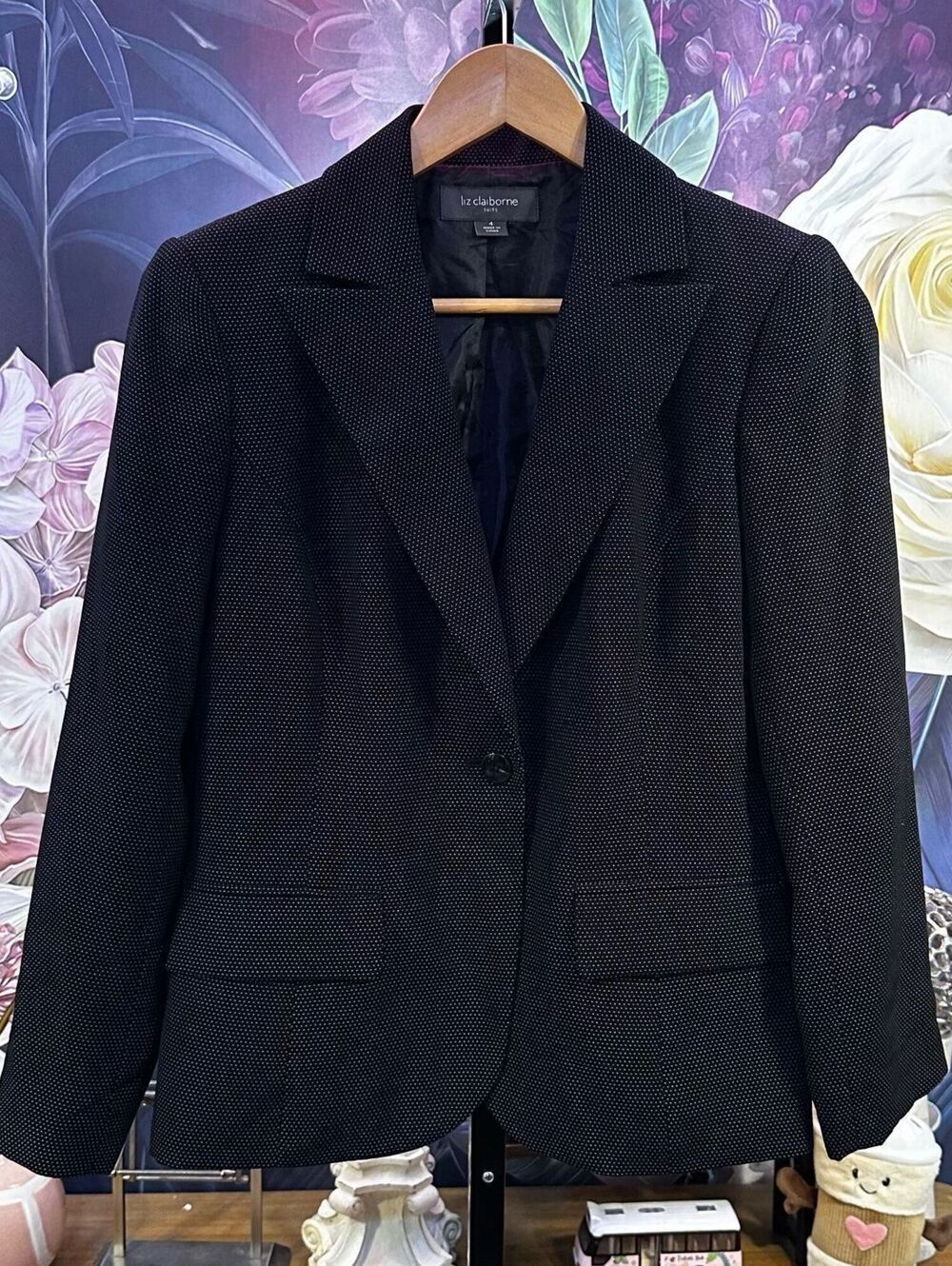 Liz Claiborne Women's Size 4 Black Pin Dot Lined Blazer Office Classic Tailored